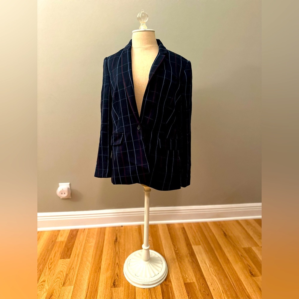 NWT Vince Camuto Dark Blue Plaid Women's One Button Blazer Jacket Size 10